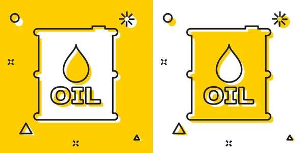 Icono de barril de petróleo negro aislado sobre fondo amarillo y blanco. Recipiente de tambor. Para infografías, combustible, industria, energía, ecología. Formas dinámicas aleatorias. Ilustración vectorial — Vector de stock