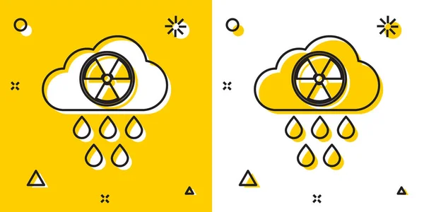 Chuva negra ácida e ícone de nuvem radioativa isolado em fundo amarelo e branco. Efeitos da poluição atmosférica tóxica no ambiente. Formas dinâmicas aleatórias. Ilustração vetorial — Vetor de Stock