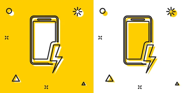 Icono de batería de carga de Smartphone negro aislado sobre fondo amarillo y blanco. Teléfono con una carga de batería baja. Formas dinámicas aleatorias. Ilustración vectorial — Vector de stock