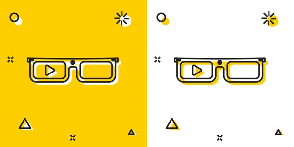 노란색과 흰색 배경에 격리 된 안경 아이콘에 장착 된 검은 색 스마트 안경. 카메라와 디스플레이가 있는 웨어러블 전자 제품 스마트 안경. 임의 동적 셰이프. 벡터 일러스트레이션 — 스톡 벡터
