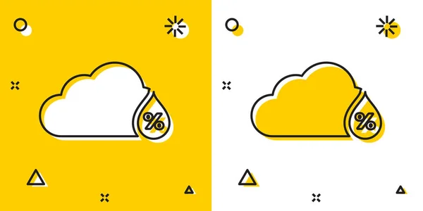 Icono de humedad negra aislado sobre fondo amarillo y blanco. Clima y meteorología, nube, símbolo del termómetro. Formas dinámicas aleatorias. Ilustración vectorial — Archivo Imágenes Vectoriales