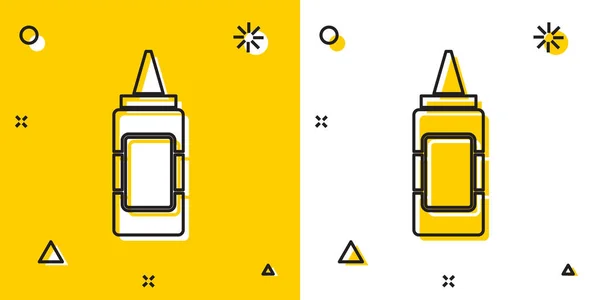 Icono de la botella de mostaza negra aislado sobre fondo amarillo y blanco. Formas dinámicas aleatorias. Ilustración vectorial — Vector de stock