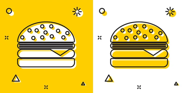 Icona Black Burger isolata su sfondo giallo e bianco. Icona hamburger. Segno panino al cheeseburger. Forme dinamiche casuali. Illustrazione vettoriale — Vettoriale Stock