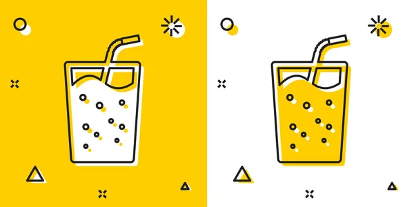 Schwarzes Glas mit Wassersymbol isoliert auf gelbem und weißem Hintergrund. Soda-Trinkglas mit Trinkhalm. frisches Kaltgetränk Symbol. zufällige dynamische Formen. Vektorillustration — Stockvektor