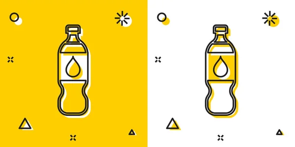 Icono de botella de agua negra aislado sobre fondo amarillo y blanco. Signo de bebida de soda aqua. Formas dinámicas aleatorias. Ilustración vectorial — Vector de stock