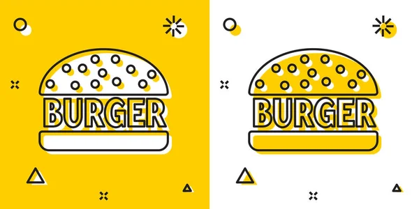 Icona Black Burger isolata su sfondo giallo e bianco. Icona hamburger. Segno panino al cheeseburger. Forme dinamiche casuali. Illustrazione vettoriale — Vettoriale Stock