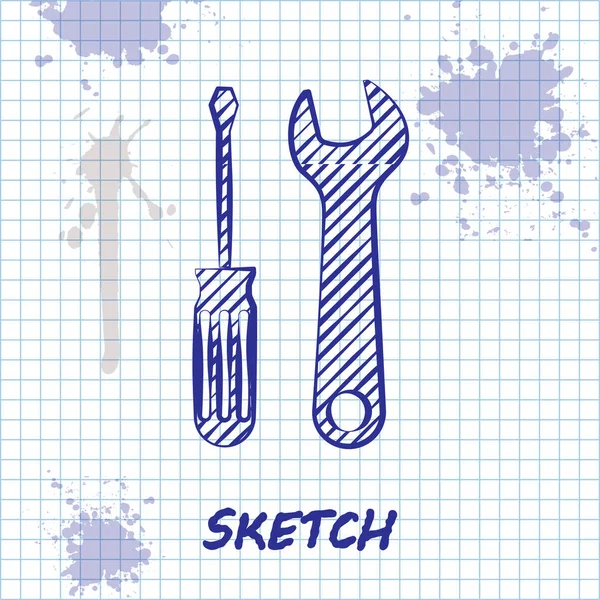 Skizze Linie Schraubendreher und Schraubenschlüssel Werkzeuge Symbol isoliert auf weißem Hintergrund. Service-Tool-Symbol. Vektorillustration — Stockvektor