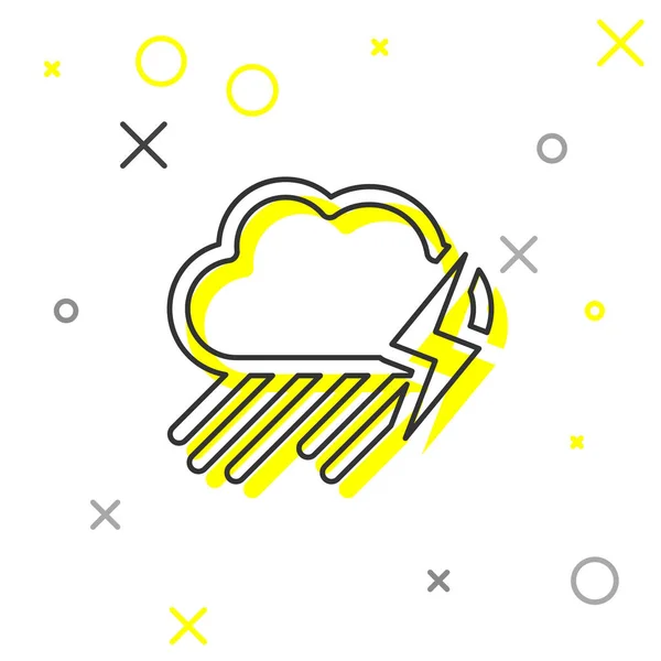 Ligne grise Nuage avec icône de pluie et de foudre isolé sur fond blanc. Précipitations de nuages de pluie avec gouttes de pluie.Icône météorologique de la tempête. Illustration vectorielle — Image vectorielle