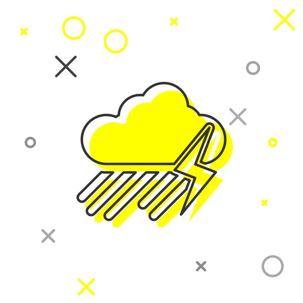 Nube de línea gris con la lluvia y relámpago icono aislado sobre fondo blanco. Precipitación de nubes de lluvia con gotas de lluvia.Icono meteorológico de la tormenta. Ilustración vectorial — Archivo Imágenes Vectoriales