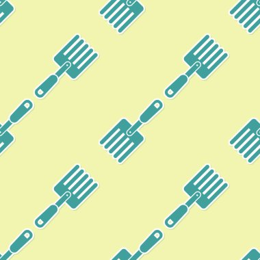 Yeşil Bahçe çatal simgesi sarı arka plan üzerinde sorunsuz desen izole. Pitchfork simgesi. Bahçecilik, tarım, tarım için bir araç. Vektör İllüstrasyonu