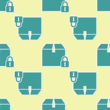 Yeşil Kilitli paket simgesi sarı arka plan üzerinde sorunsuz desen izole. Kilit ve karton kutu. Vektör İllüstrasyonu