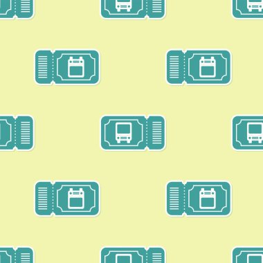 Yeşil Otobüs bilet simgesi sarı arka plan üzerinde sorunsuz desen izole. Toplu taşıma bileti. Vektör İllüstrasyonu