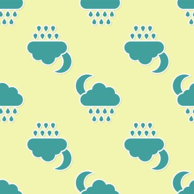 Yağmur ve ay ikonuna sahip yeşil bulut sarı arka planda izole edilmiş pürüzsüz desen. Yağmur damlaları ile yağmur bulutu yağışı. Vektör İllüstrasyonu