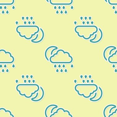 Yağmur ve ay ikonuna sahip yeşil bulut sarı arka planda izole edilmiş pürüzsüz desen. Yağmur damlaları ile yağmur bulutu yağışı. Vektör İllüstrasyonu