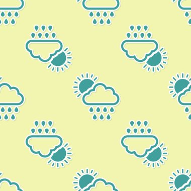 Yeşil Bulut, yağmur ve güneş ikonuyla izole edilmiş sarı arka planda, pürüzsüz desen. Yağmur damlaları ile yağmur bulutu yağışı. Vektör İllüstrasyonu