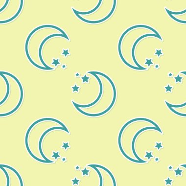 Yeşil Ay ve yıldızların ikonu sarı arkaplandaki kusursuz deseni izole etti. Vektör İllüstrasyonu