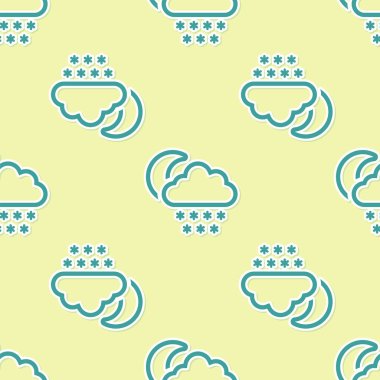 Kar ve ay ikonuna sahip Yeşil Bulut sarı arka planda izole edilmiş pürüzsüz desen. Kar taneli bulut. Tek hava ikonu. Kar tabelası. Vektör İllüstrasyonu