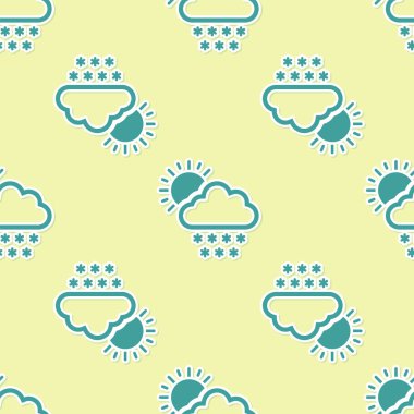 Kar ve güneş ikonlu yeşil bulut sarı arka planda izole edilmiş pürüzsüz desen. Kar taneli bulut. Tek hava ikonu. Kar tabelası. Vektör İllüstrasyonu