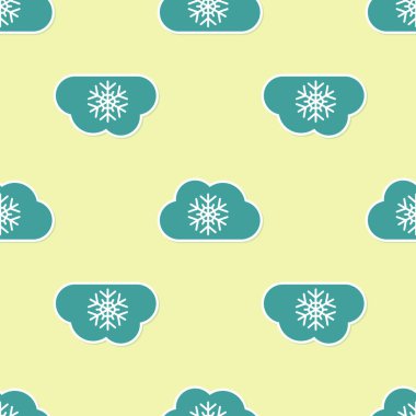 Kar ikonlu yeşil bulut sarı arka planda izole edilmiş pürüzsüz desen. Kar taneli bulut. Tek hava ikonu. Kar tabelası. Vektör İllüstrasyonu