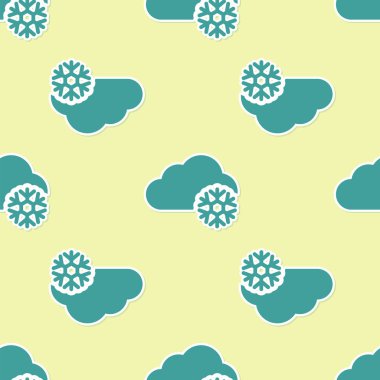 Kar ikonlu yeşil bulut sarı arka planda izole edilmiş pürüzsüz desen. Kar taneli bulut. Tek hava ikonu. Kar tabelası. Vektör İllüstrasyonu