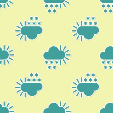 Kar ikonuna sahip yeşil bulutlu sarı arka planda izole edilmiş pürüzsüz desen. Kar taneli bulut. Tek hava ikonu. Kar tabelası. Vektör İllüstrasyonu