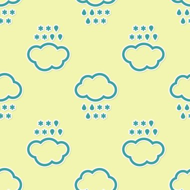 Kar ve yağmur ikonlu Yeşil Bulut sarı arka planda izole edilmiş pürüzsüz desen. Hava durumu simgesi. Vektör İllüstrasyonu