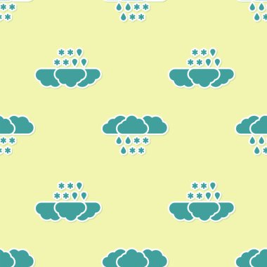 Kar ve yağmur ikonlu Yeşil Bulut sarı arka planda izole edilmiş pürüzsüz desen. Hava durumu simgesi. Vektör İllüstrasyonu