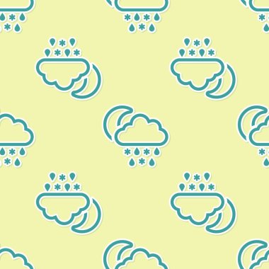 Kar ve yağmur ikonlu Yeşil Bulut sarı arka planda izole edilmiş pürüzsüz desen. Hava durumu simgesi. Vektör İllüstrasyonu