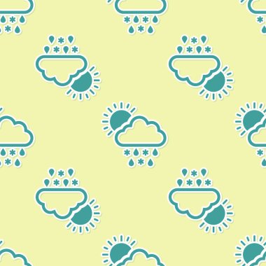 Kar, yağmur ve güneş ikonu ile yeşil bulut sarı arka planda izole edilmiş kusursuz desen. Hava durumu simgesi. Vektör İllüstrasyonu