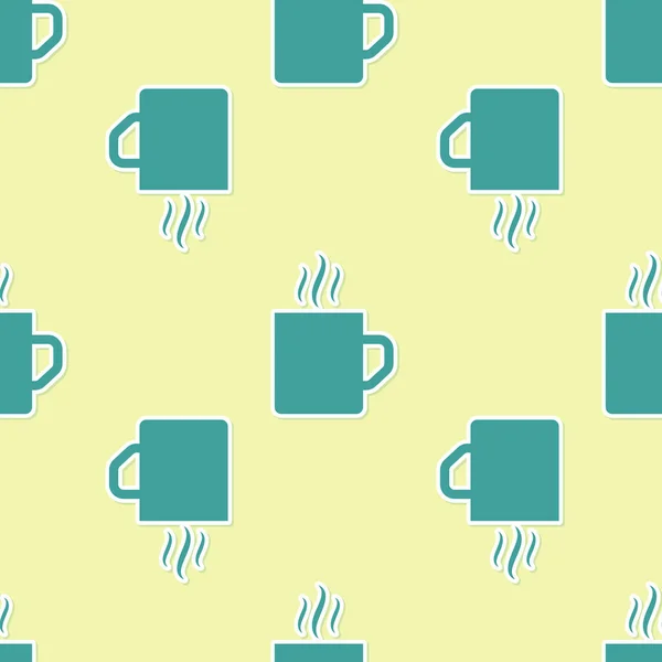 Taza de café verde icono plano aislado patrón sin costuras sobre fondo amarillo. Taza de té. Café caliente. Ilustración vectorial — Archivo Imágenes Vectoriales