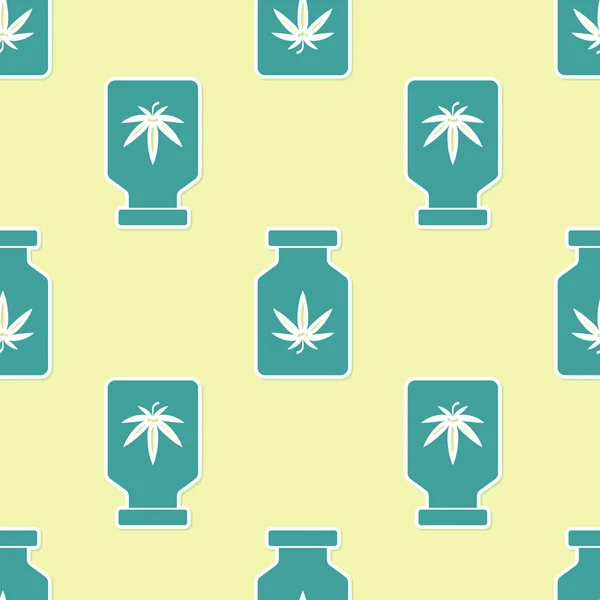 Зелена медична пляшка з іконою листя марихуани або канабісу виділила на жовтому тлі безшовний візерунок. Наповнити екстракти з марихуани в глеках. Векторний приклад — стоковий вектор