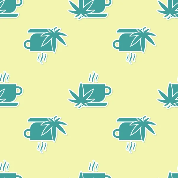 Zielona herbata Cup z marihuany lub ikona liści konopi na białym tle bez szwu wzór na żółtym tle. Legalizacja marihuany. Symbol konopi. Ilustracja wektorowa — Wektor stockowy