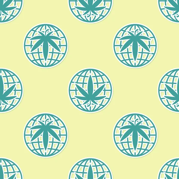 Green Legalize marijuana or cannabis globe symbol icon isolated seamless pattern on yellow background. Hemp symbol. Vector Illustration — Stock Vector