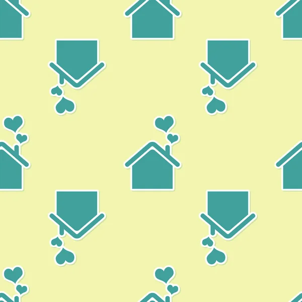 Maison verte avec icône en forme de coeur isolé motif sans couture sur fond jaune. Symbole d'amour. Famille, immobilier et immobilier. Illustration vectorielle — Image vectorielle