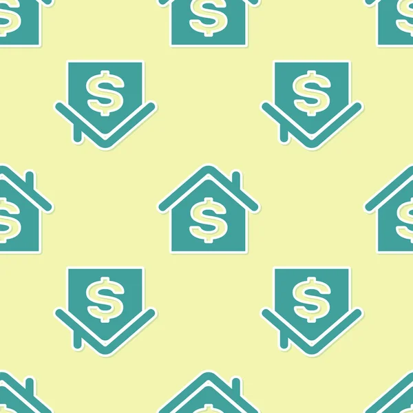 Green House with dollar symbol icon isolated seamless pattern on yellow background. Home and money. Real estate concept. Vector Illustration — Stock Vector