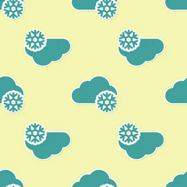 Green Cloud with snow icon isolated seamless pattern on yellow background. Cloud with snowflakes. Single weather icon. Snowing sign. Vector Illustration — Stock Vector