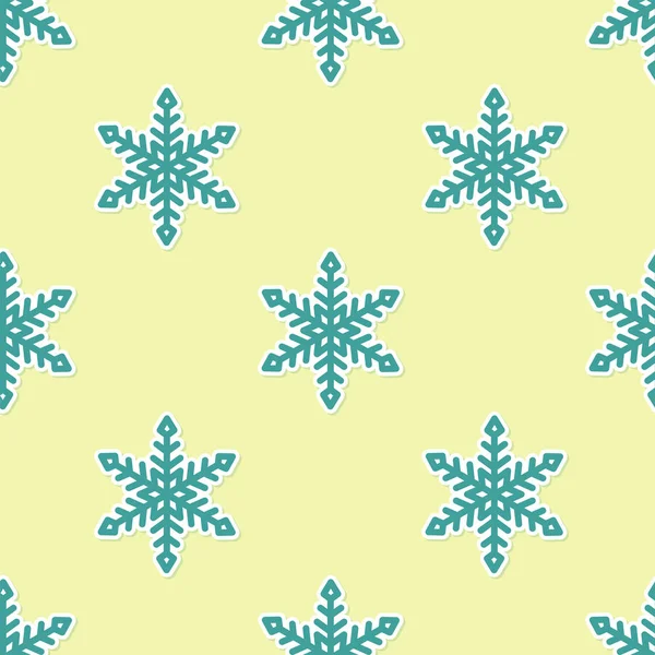 Icono de copo de nieve verde aislado patrón sin costuras sobre fondo amarillo. Ilustración vectorial — Archivo Imágenes Vectoriales