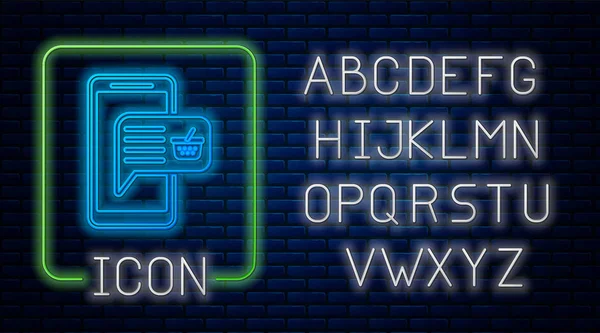 Leuchtende Leuchtneon-Handy und Warenkorb-Symbol isoliert auf Backsteinwand Hintergrund. Online-Kauf-Symbol. Supermarkt-Warenkorb Symbol. Neonlicht-Alphabet. Vektorillustration — Stockvektor