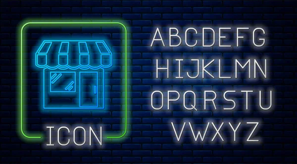 Edifício de compras de néon brilhante ou ícone de loja de mercado isolado no fundo da parede de tijolo. Construção de loja. Alfabeto claro de néon. Ilustração vetorial — Vetor de Stock