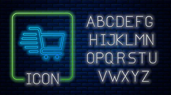 Świecący neon Shopping koszyk ikona izolowana na tle cegły ściany. Koncepcja zakupów online. Znak dostawy. Symbol koszyka w supermarkecie. Neonowy alfabet świetlny. Ilustracja wektora — Wektor stockowy