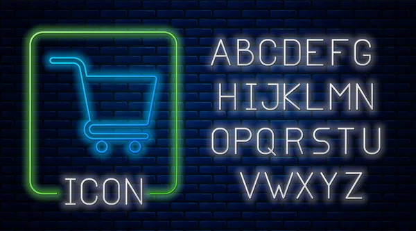 Leuchtende Neon Warenkorb-Symbol isoliert auf Backsteinwand Hintergrund. Online-Kaufkonzept. Lieferservice-Schild. Supermarkt Warenkorb Symbol. Neonlicht-Alphabet. Vektorillustration — Stockvektor