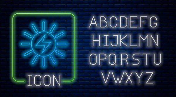 Glowing neon Solar energy panel icon isolated on brick wall background. Neon light alphabet. Vector Illustration — Stock Vector