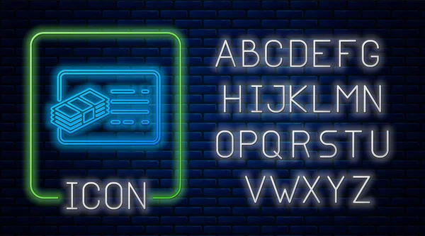 Brilhante neon Ícone de linha de documento financeiro isolado no fundo da parede de tijolo. Ícone de factura e dinheiro. Planejamento do orçamento, economia de dinheiro e pagamento do conceito de dívida. Alfabeto claro de néon. Ilustração vetorial —  Vetores de Stock