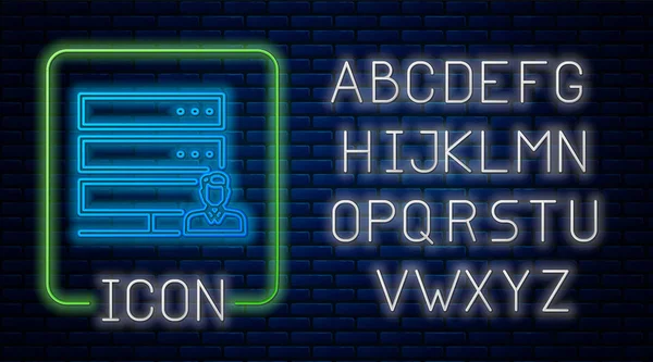 Leuchtende Neon Kundenbetreuungs-Server-Symbol isoliert auf Backsteinwand Hintergrund. Technische Unterstützung Konzept mit männlichen Bediener. Callcenter-Schild. Neonlicht-Alphabet. Vektorillustration — Stockvektor