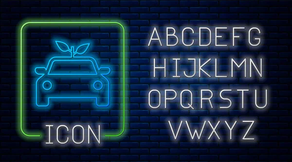 Glühender Neon-Ökomobil-Konzeptantrieb mit Blattsymbol isoliert auf Ziegelwand-Hintergrund. grüne Energie Auto-Symbol. Neonlicht-Alphabet. Vektorillustration — Stockvektor