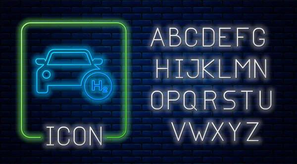Zářící neon Vodík auto ikona izolované na cihlové zdi pozadí. Staniční znak H2. Vodíkové palivové články auto ekologické prostředí příznivé nulové emise. Neonová světlá abeceda. Vektorová ilustrace — Stockový vektor