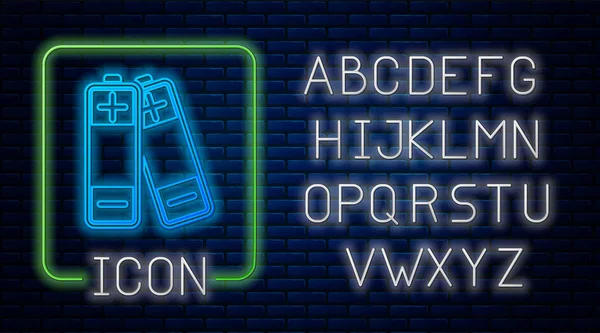 Leuchtende Neon-Akku-Symbol isoliert auf Ziegelwand Hintergrund. Blitz-Symbol. Neonlicht-Alphabet. Vektorillustration — Stockvektor