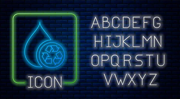 Сяючий неоновий ковпачок чистий значок акваріума ізольований на фоні цегляної стіни. Крапля води з переробкою знаків. Неоновий легкий алфавіт. Векторна ілюстрація — стоковий вектор