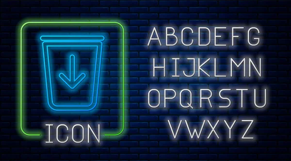 ネオンの輝きレンガの壁の背景にあるゴミ箱のラインアイコンに送信します。ネオンライトアルファベットベクターイラスト — ストックベクタ