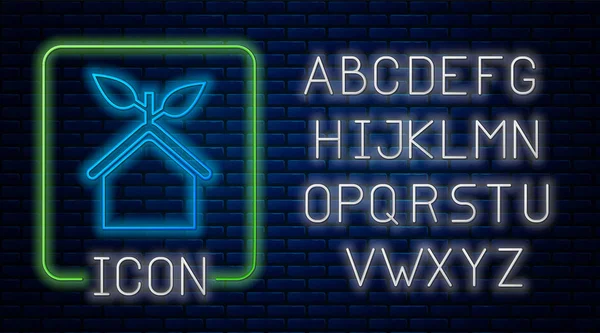 Leuchtende Neon umweltfreundliche Haus Symbol isoliert auf Backsteinwand Hintergrund. Ökohaus mit Blatt. Neonlicht-Alphabet. Vektorillustration — Stockvektor